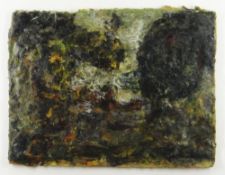 TERRY SETCH oil and wax on hessian - abstract, entitled verso 'Car Burning on the Beach, 1980',