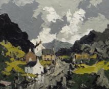 CHARLES WYATT WARREN oil on board - three Eryri cottages, entitled verso 'Llanberis Pass', signed,
