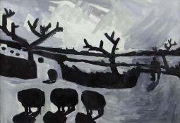 KARL DAVIES oil on board - moonlit landscape with sheep, entitled verso 'Picking Up Stragglers',