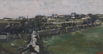 GLYN GRIFFITHS oil on wood panel - Glamorgan landscape with fields and distant farms, entitled verso