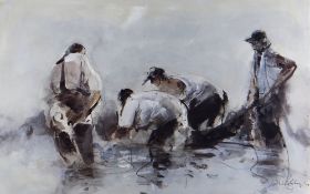 WILLIAM SELWYN artist proof colour print - four fisherman drawing in their nets, signed in full,