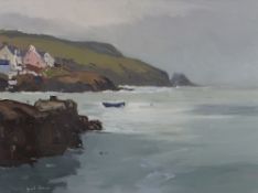 GARETH THOMAS acrylic - coastal scene with small boat and pink house, signed, 26 x 34cms Provenance: