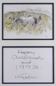 SIR KYFFIN WILLIAMS RA printed greeting card - standing ponies, from a watercolour and pencil,