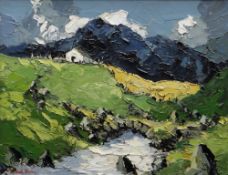 CHARLES WYATT WARREN oil on board - Eryri landscape with river, bridge and distant building, signed,