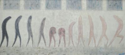 ILLTYD DAVID oil on board - eleven ghostly figures, entitled verso 'Pit Head Baths' with handwritten