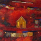 CHRIS GRIFFIN acrylic - illuminated chapel at centre of village, entitled verso on Kooywood