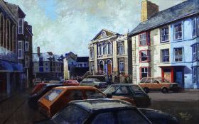 HYWEL HARRIES oil on board - highly detailed street scene featuring Seion Chapel, Baker Street,