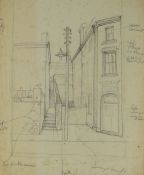 GEORGE CHAPMAN preliminary drawing - south Wales valleys street scene with annotations, 1960s, 48