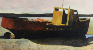 GARETH DAVIES watercolour - beached boat with rusted hull, signed and dated 2002, 37 x 70cms