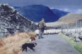 KEITH BOWEN limited edition (136/200) print - scene of farmer and his two dogs and flock of sheep,
