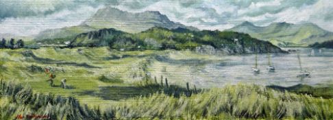 IFOR PRITCHARD oil on board - figures on the green at Pwllheli Golf Club, Gwynedd, and with