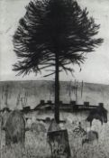 GEORGE CHAPMAN etching - entitled 'Graveyard and Monkey Puzzle Tree', circa 1962, signed fully in