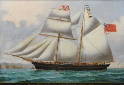 19TH CENTURY MARITIME SCHOOL oil on canvas laid to board - full-sail portrait with title at base '