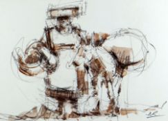 DAVID RANDAL DAVIES mixed media - entitled verso on Attic Gallery Swansea label 'Cocklewoman with