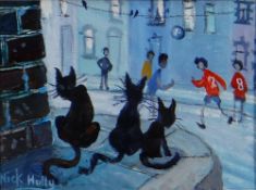 NICK HOLLY mixed media - entitled verso on Albany Gallery label 'Three Cats Watching the Ball',