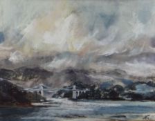 ALED PRICHARD-JONES watercolour - the Menai Straits and Suspension Bridge, Carneddau mountain-range,
