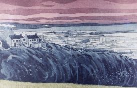 JOHN BRUNSDON artist's proof (8/15) colour etching - town panorama titled in pencil 'Swansea' with