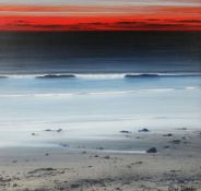 CERI AUCKLAND DAVIES egg tempura on gesso - sea and sunset, entitled verso 'Red Sunset No.3',