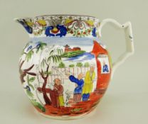 A BELIEVED SWANSEA PEARLWARE POTTERY MANDARIN JUG colourfully decorated with opposing scenes of