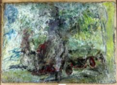 TERRY SETCH oil and wax on hessian - abstract work, 1978, entitled 'Car Wreck on Penarth Beach',