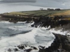 WILLIAM SELWYN watercolour - Ynys Mon coastal scene with breaking waves and hilltop buildings,