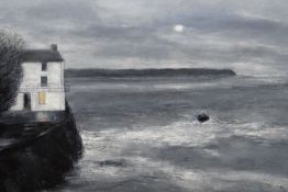 PETER JOHN JONES large acrylic on canvas - view of Laugharne and Dylan Thomas' Boathouse,