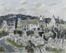 SIR KYFFIN WILLIAMS RA pencil and watercolour - fine example with elderly farmer walking and village