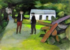 JOHN ELWYN gouache and acrylic on paper - two figures talking in a garden with whitewashed