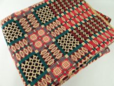 VINTAGE WELSH TAPESTRY REVERSIBLE BLANKET of geometric design, red ground with green and black
