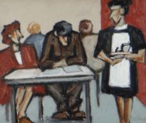 MIKE JONES mixed media - figures in a cafe, entitled verso on Attic Gallery label 'The Menu (