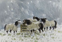 SIR KYFFIN WILLIAMS RA pencil and watercolour - fine example with four standing horses, entitled