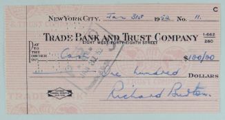RICHARD BURTON SIGNED CHEQUE for $100 on Trade Bank and Trust Company, January 31st, 1952, 7 x 14cms