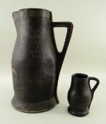 LARGE & SMALL LEATHER BLACK JACKS, early 18th Century, the larger later painted with mounted