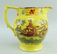 RARE STAFFORDSHIRE 'DANDY-HORSE' & 'ACCELERATOR' CANARY YELLOW PRINTED JUG, c.1820, foliate