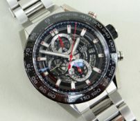TAG HEUER CARRERA CALIBRE-1 CHRONOGRAPH BRACELET WATCH, ref. CAR2A1W-O, semi-skeletonised, applied