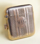 GEORGE V 9CT GOLD VESTA CASE of square shape, engine turned, engraved initials 'W. N. L.',