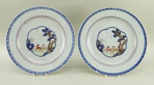 PAIR CHINESE ENAMELLED BLUE & WHITE PLATES, Qianlong, each centre decorated with a pair of deer