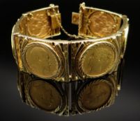 SIX-SOVEREIGN GOLD BRACELET in textured 9ct gold mount, the coins dated 1856, 1876, 1888, 1899, 1904
