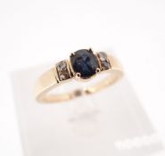 YELLOW METAL SAPPHIRE & DIAMOND RING, engraved 'K18', ring size M / N, 3.7gms