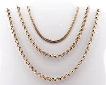 TWO 9CT GOLD CHAINS, one circle link the other fine, 33.6gms overall (2)