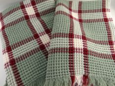 PAIR TRADITIONAL WELSH WAFFLE BLANKETS, woven in green, claret and white, 208 x 140cms (2)