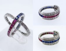 WHITE METAL DIAMOND, RUBY & SAPPHIRE REVERSIBLE RING, ring size L / M, 5.7gms