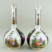 PAIR OF 19TH CENTURY DRESDEN PORCELAIN BOTTLE VASES, pseudo Augustus Rex marks to base, 31cms