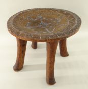 KAMBA STOOL, Kenya, dished circular seat, decorated with blue/white beads, 34cms diameter