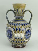 DOULTON LAMBETH STONEWARE BOTTLE VASE, designed by Elizabeth Atkins, twin handles, floral roundels