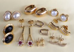 ASSORTED YELLOW METAL SET EARRINGS comprising flower head ruby and diamond pair, various diamond set