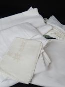 ASSORTED DOMESTIC WHITE LINEN, including twelve sheets, three table cloths, and various small cloths