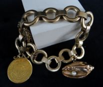 9CT GOLD CIRCLE LINK BRACELET & ATTACHMENTS comprising 1 Pond 1898 coin and yellow metal conch