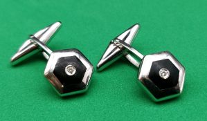 PAIR OF 18CT WHITE GOLD DIAMOND & BLACK ENAMEL CUFFLINKS, of hexagonal design, 7.9gms