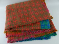 VINTAGE WELSH BLANKET, woven tapestry design in patchwork using blue, green, orange, pink, grey